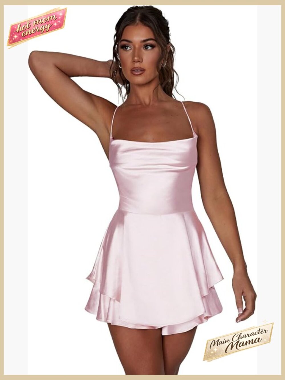 Satin Spaghetti Strap Mini Romper Dress Sleeveless Backless Cowl Neck Bodycon